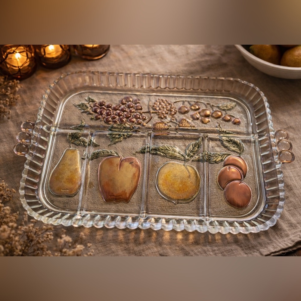 🍇 Vintage Pressed Glass Fruit Tray • 9x12 Divided Serving Dish • Mid-Century✨